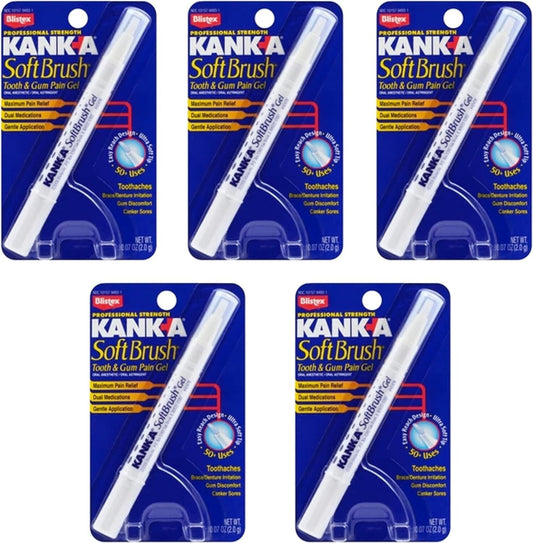 Kank-A Soft Brush Tooth Mouth Pain Gel Maximum Strength, White, 0.21 Oz, 5 Pack