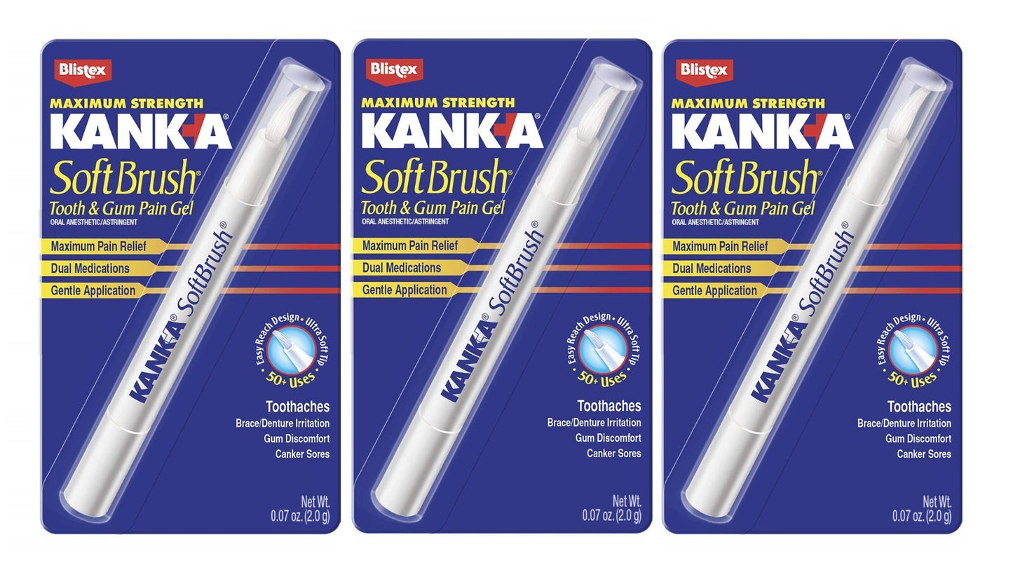 Kank-A Soft Brush Tooth Mouth Pain Gel Maximum Strength, White, 0.21 Oz, 3 Pack