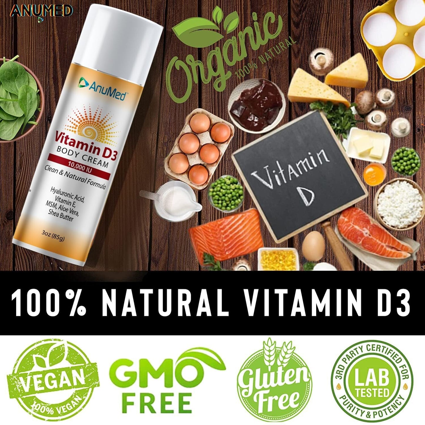 ANUMED Vitamin D3 10,000 IU Cream with Magnesium + Hyaluronic Acid (2 Pack)