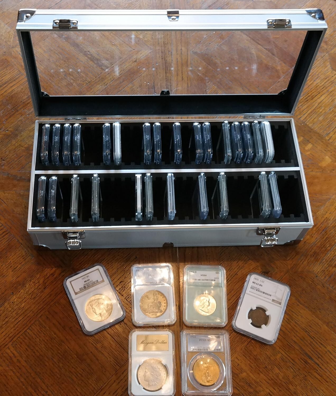 Aluminum Storage & Display Box Case Holds 50 PCGS NGC ANACS Coin Holders Slabs