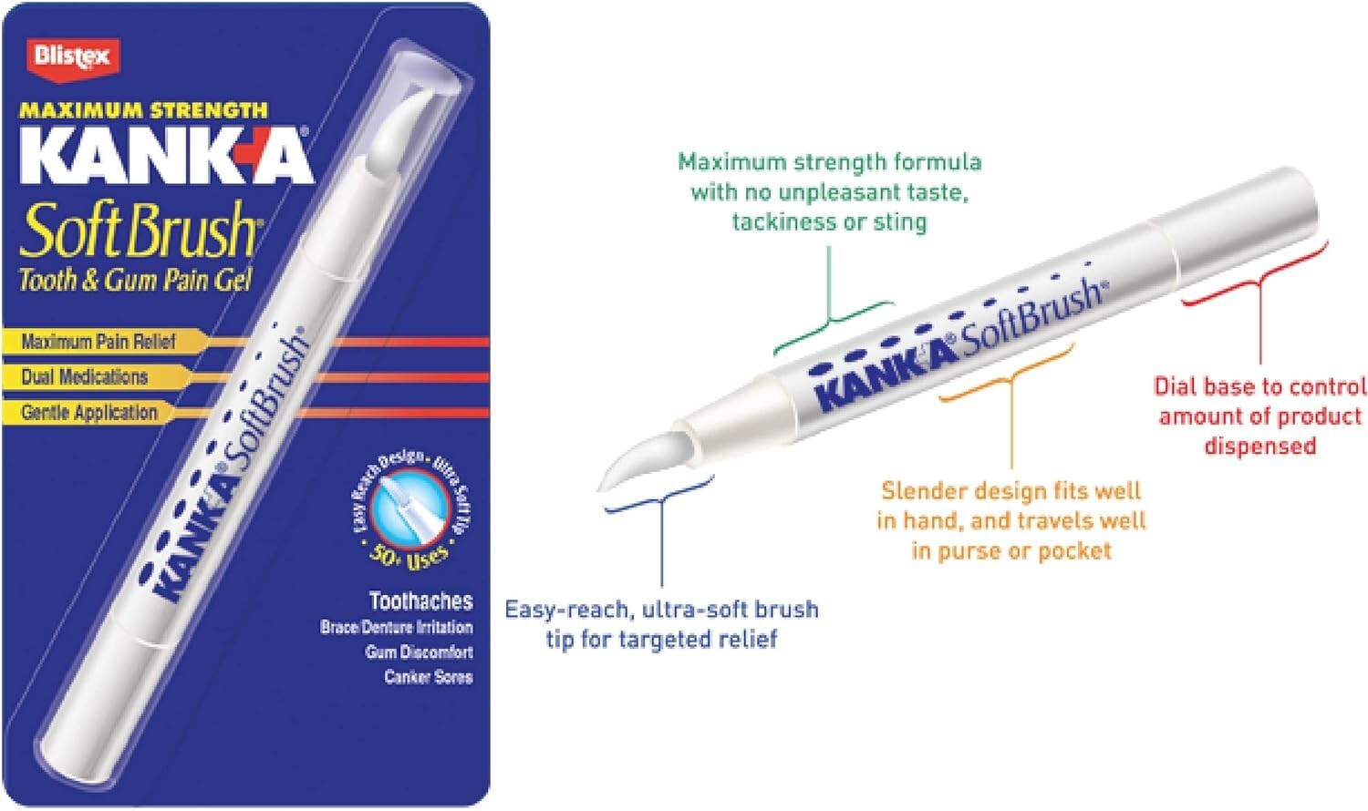 Kank-A Soft Brush Tooth Mouth Pain Gel Maximum Strength, White, 0.21 Oz, 5 Pack