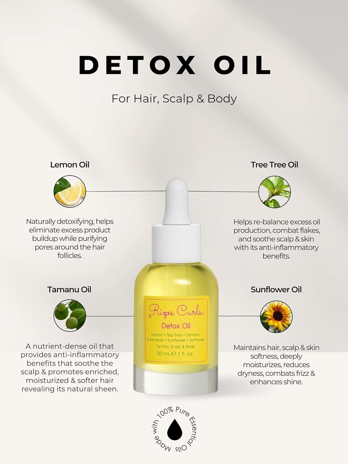Rizos Curls Detox Oil for Hair, Scalp & Body: Tea Tree & Lemon (1fl oz)